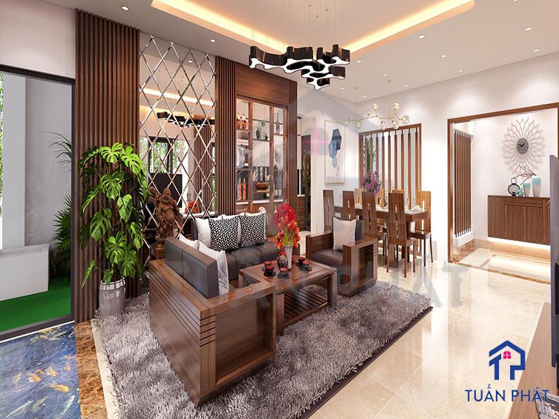 Thiết kế nội thất gỗ tự nhiên tông gỗ nâu đỏ trang trọng, quý phái