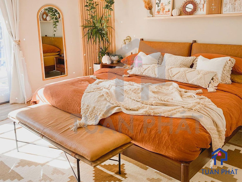 Thiết kế phòng ngủ màu cam thiên về tone màu cam pastel nhẹ nhàng