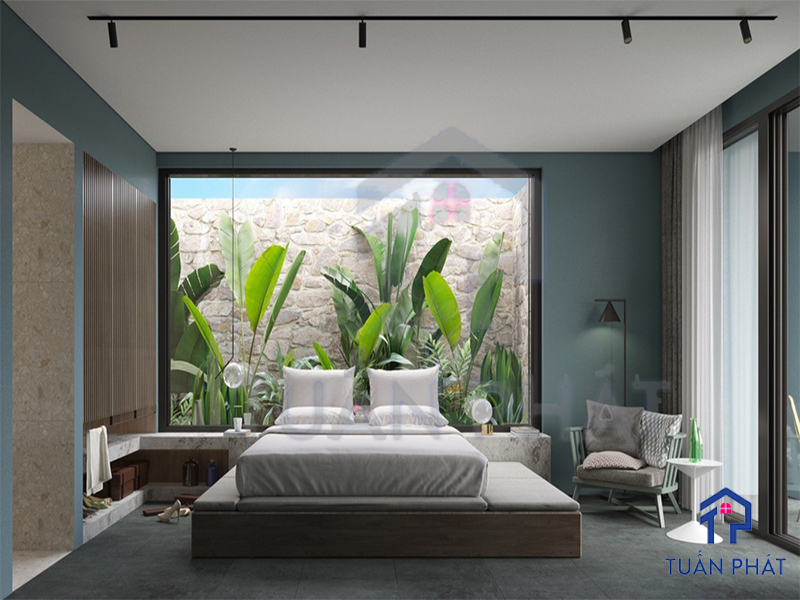 Thiết kế phòng ngủ màu xanh tối giản