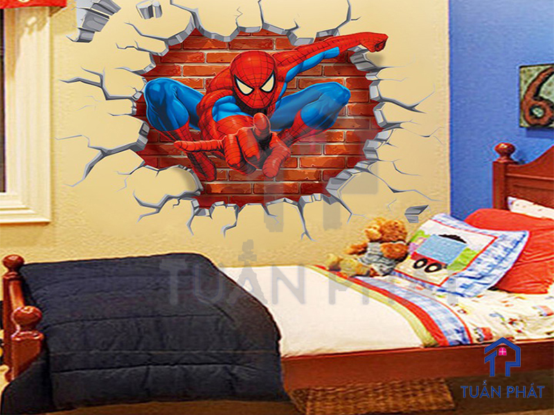 Phòng ngủ Spider Manvới gam màu xanh vàng ấn tượng