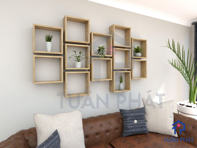 Kệ trang trí phòng khách theo kiểu kệ gỗ treo tường 