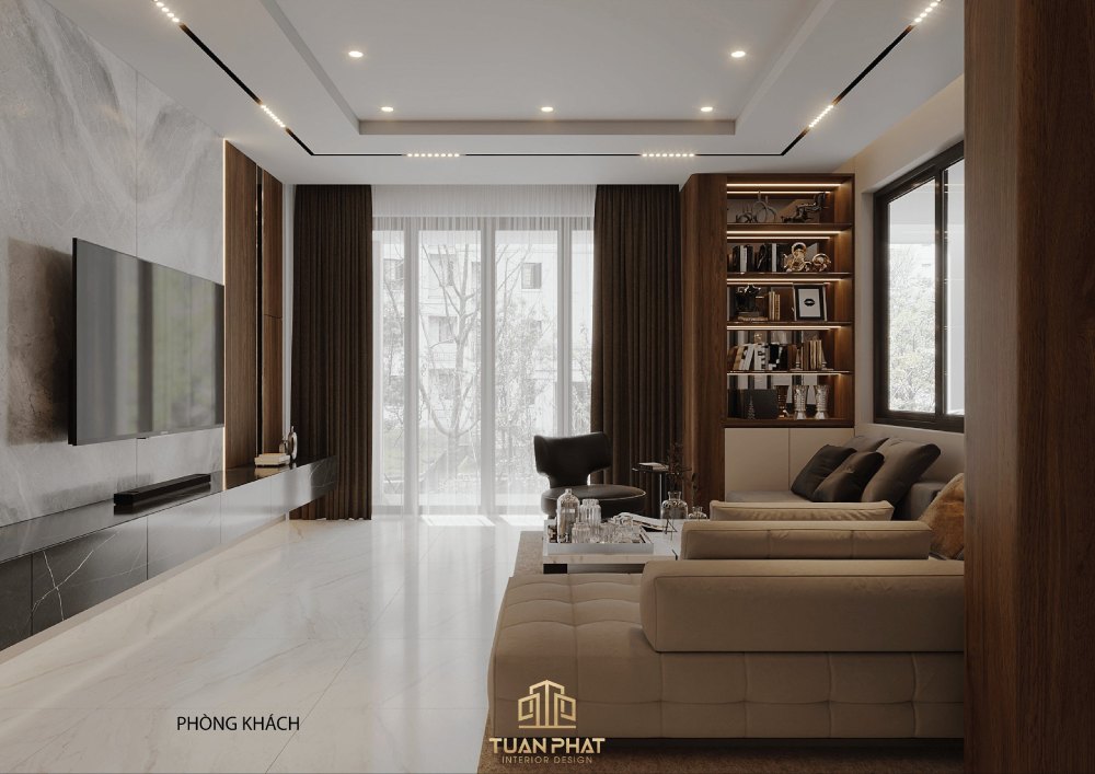 Phòng khách gỗ công nghiệp hiện đại