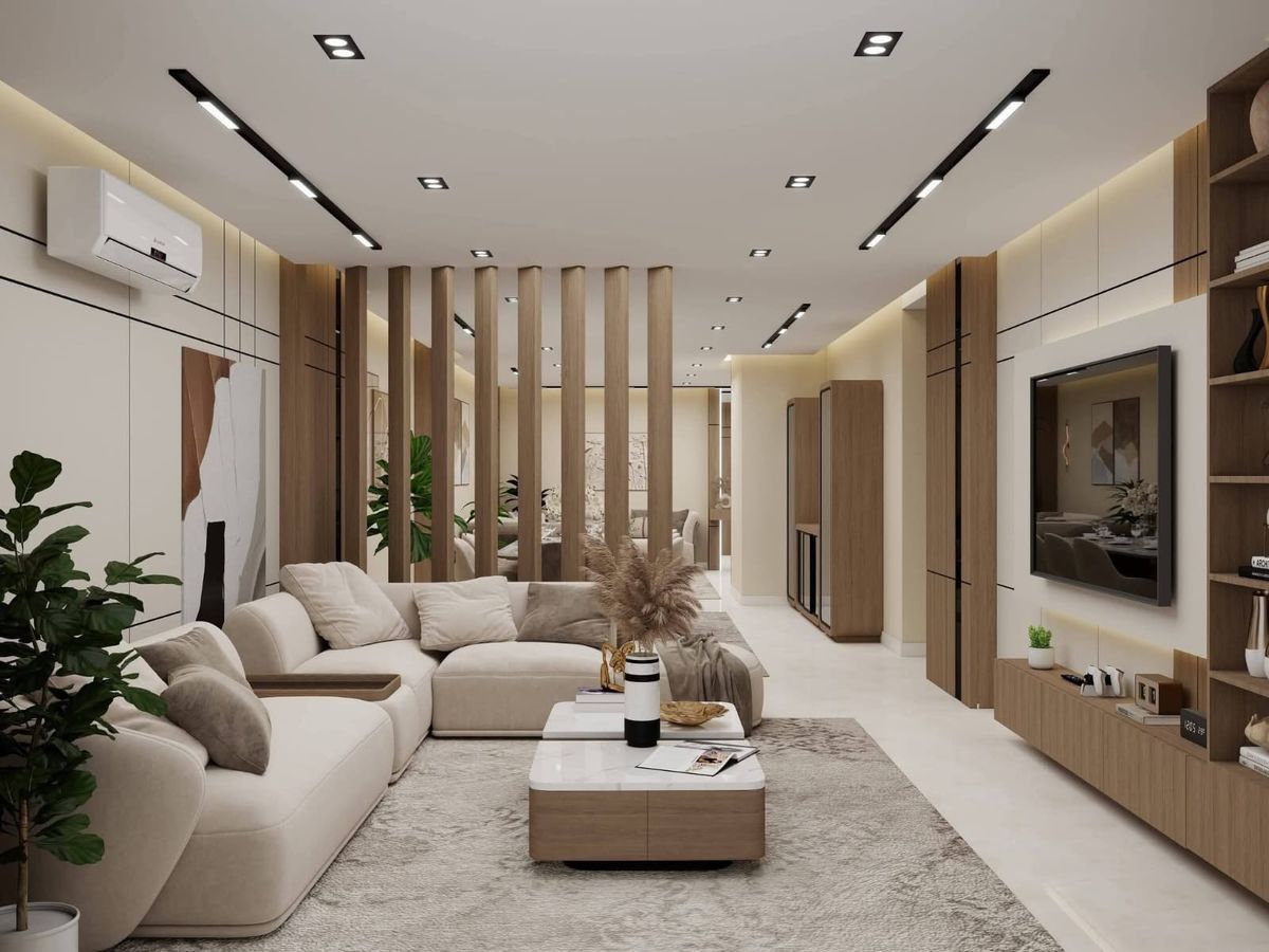 phòng khách gỗ công nghiệp