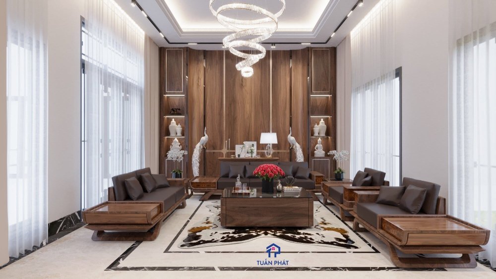 thiết kế phòng khách gỗ tự nhiên