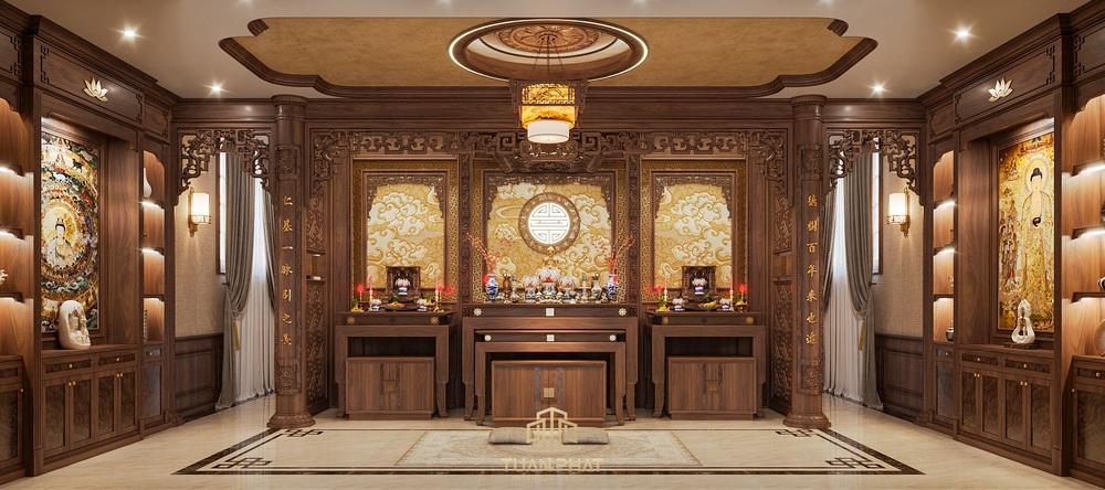Bàn thờ gỗ óc chó trang trí tranh Mandala - BT08