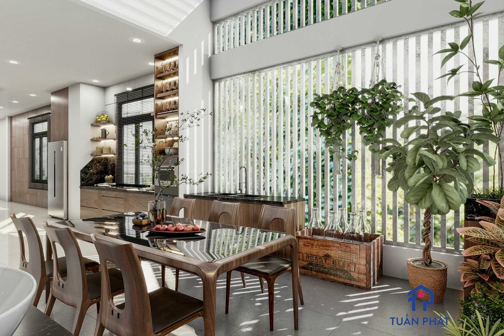 Bộ bàn ghế ăn gỗ óc chó phối kính hiện đại BG14