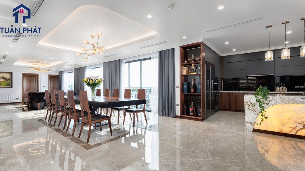 Bộ bàn ghế gỗ óc chó phối bàn đá cao cấp BG23