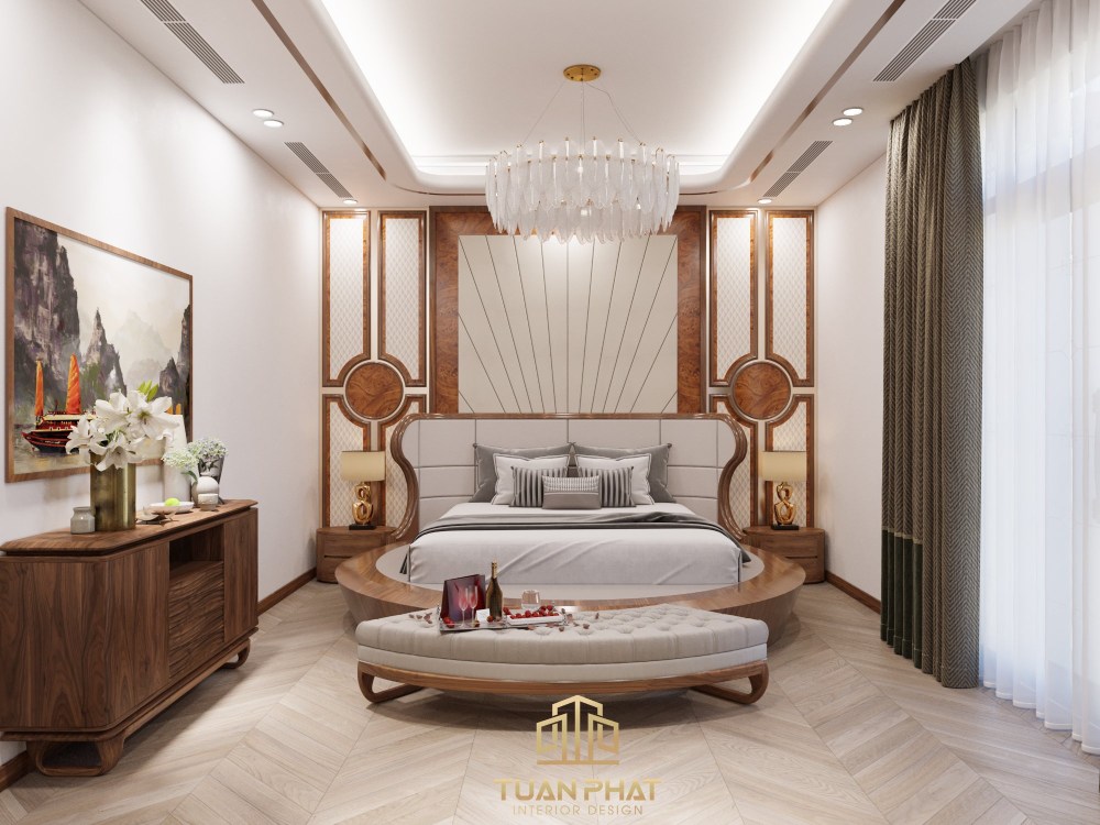 giường ngủ gỗ óc chó dáng tròn, bo cong