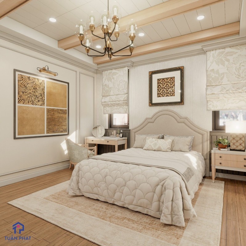 Giường ngủ tân cổ điển màu trắng kem - GN12