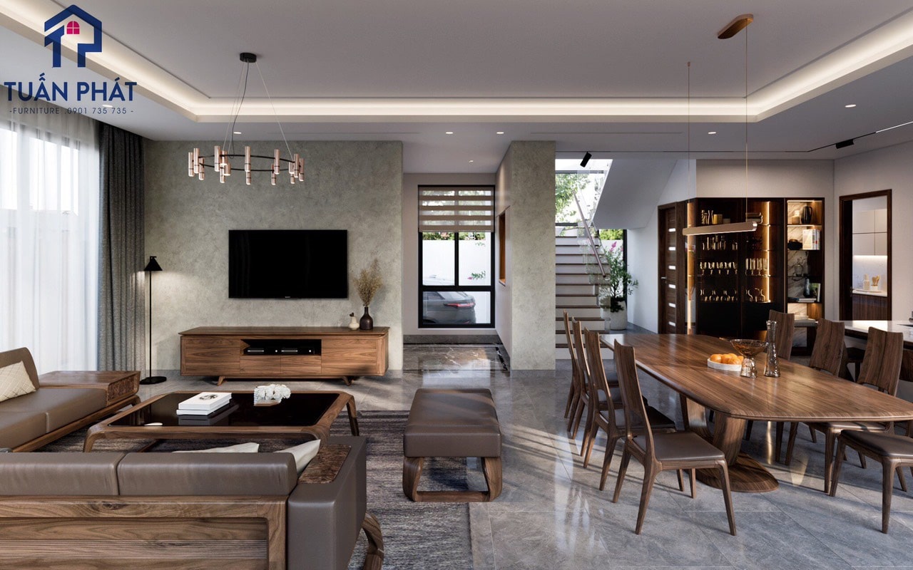 mẫu nhà phố nội thất gỗ óc chó đẹp