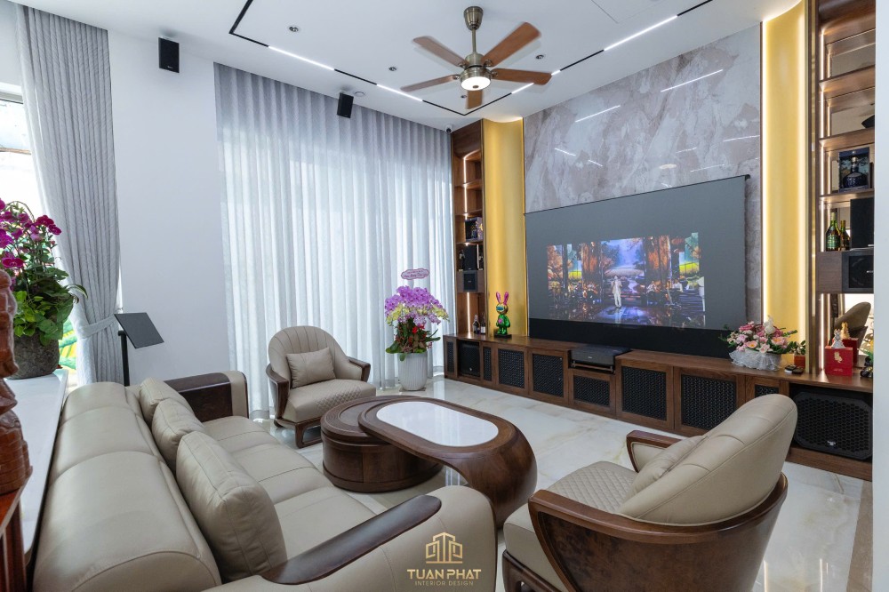 phòng khách gỗ óc chó đơn giản
