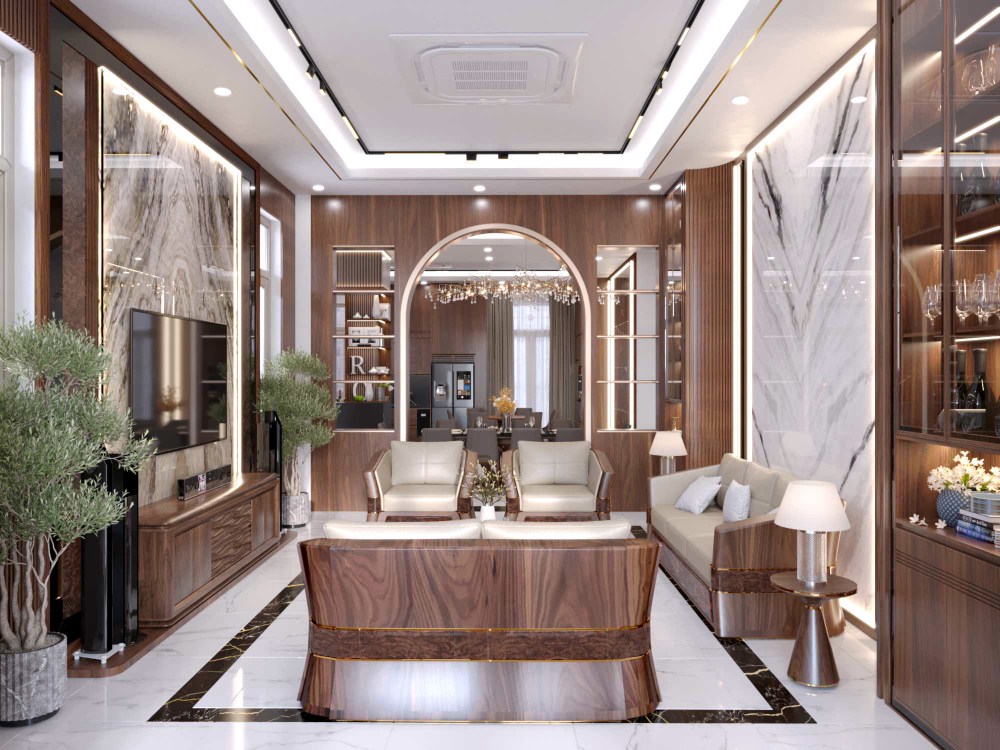 phòng khách gỗ óc chó sang trọng