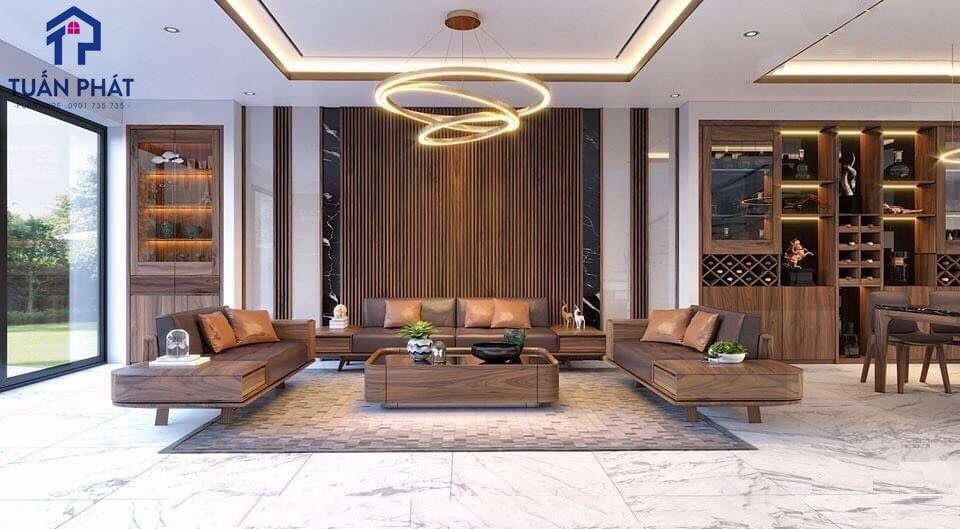 phòng khách nhà phố gỗ óc chó
