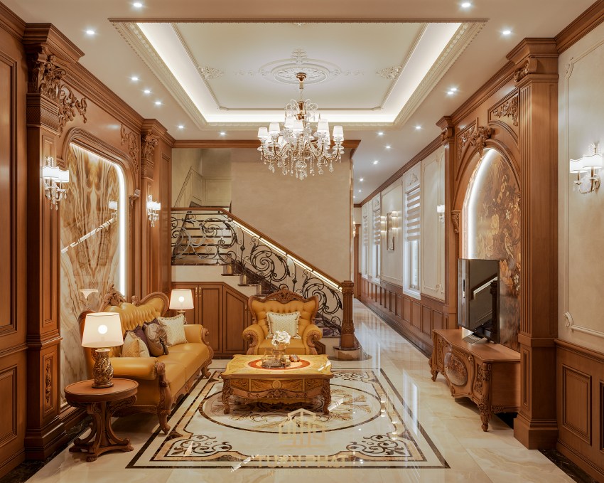 phòng khách tân cổ điển bằng gỗ