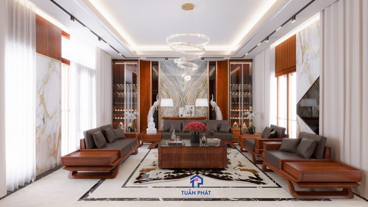 Sofa gỗ gõ đỏ bọc da màu đen cao cấp - SF54
