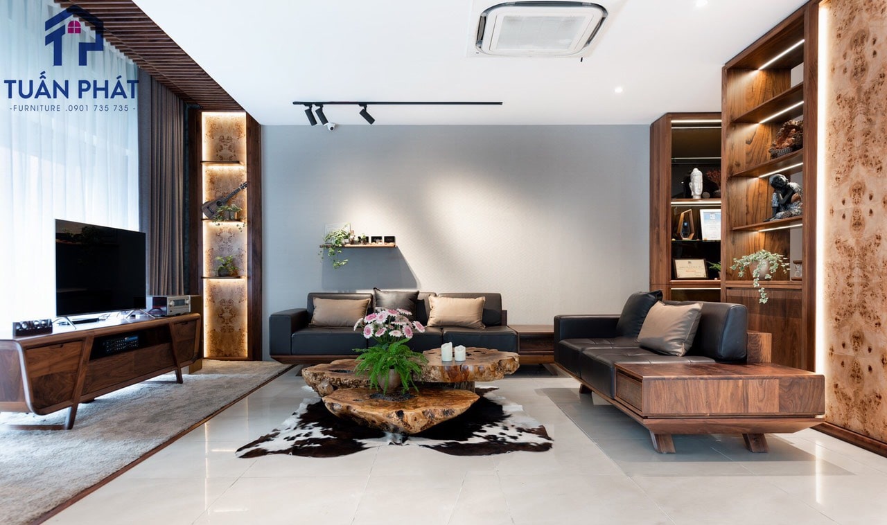 Sofa gỗ óc chó chữ L hiện đại