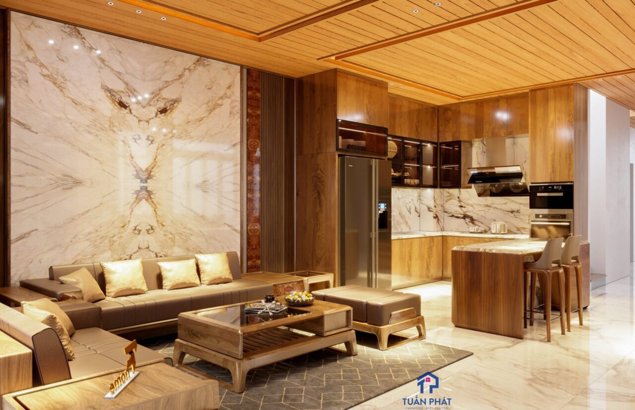Sofa gỗ óc chó chữ U hiện đại