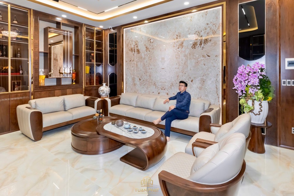 Sofa gỗ óc chó nhà phố hiện đại SF35