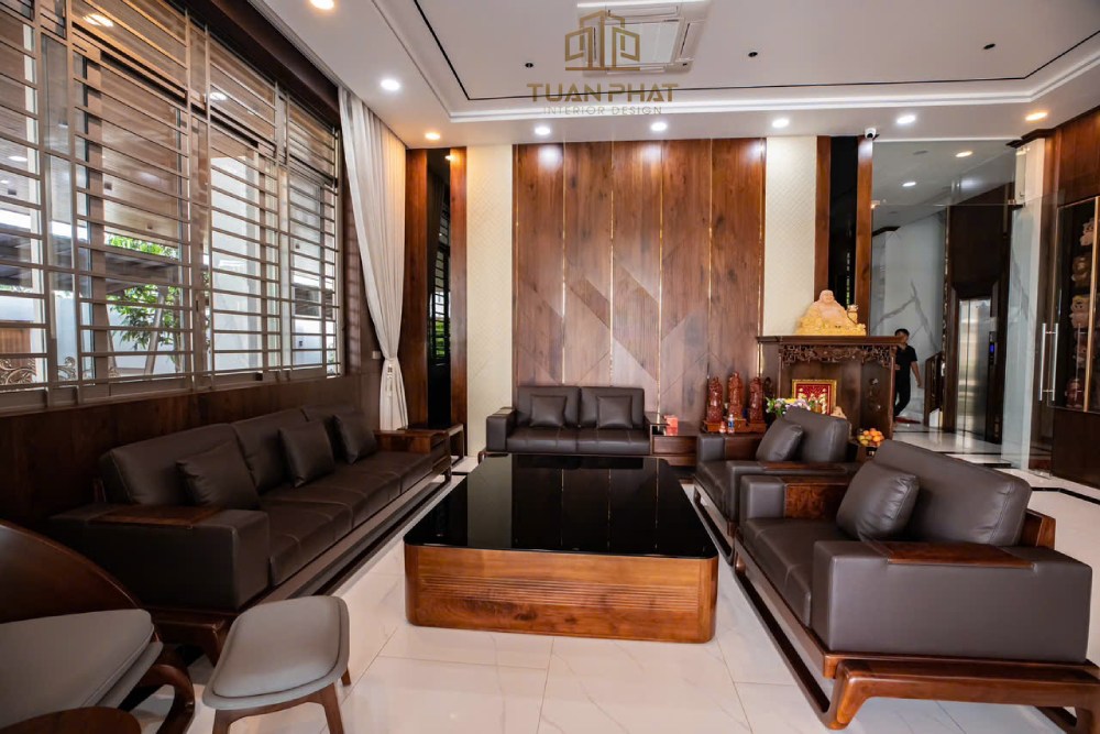 Sofa gỗ óc chó phối da màu đen