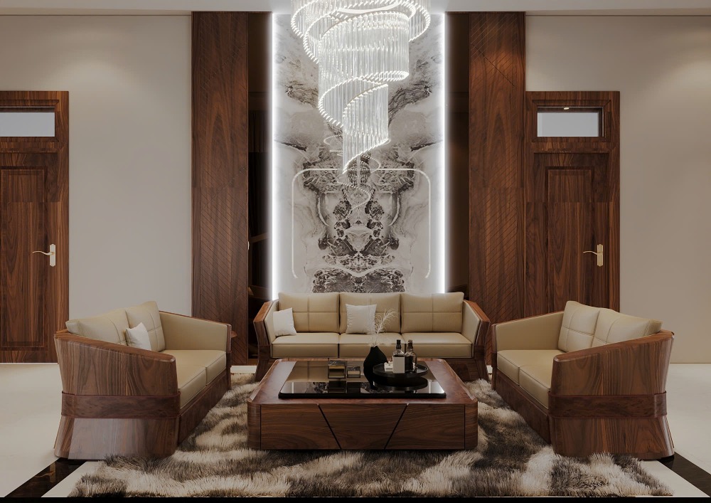 Sofa gỗ óc chó phối da màu kem