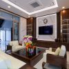 Sofa gỗ óc chó phối da trắng kem
