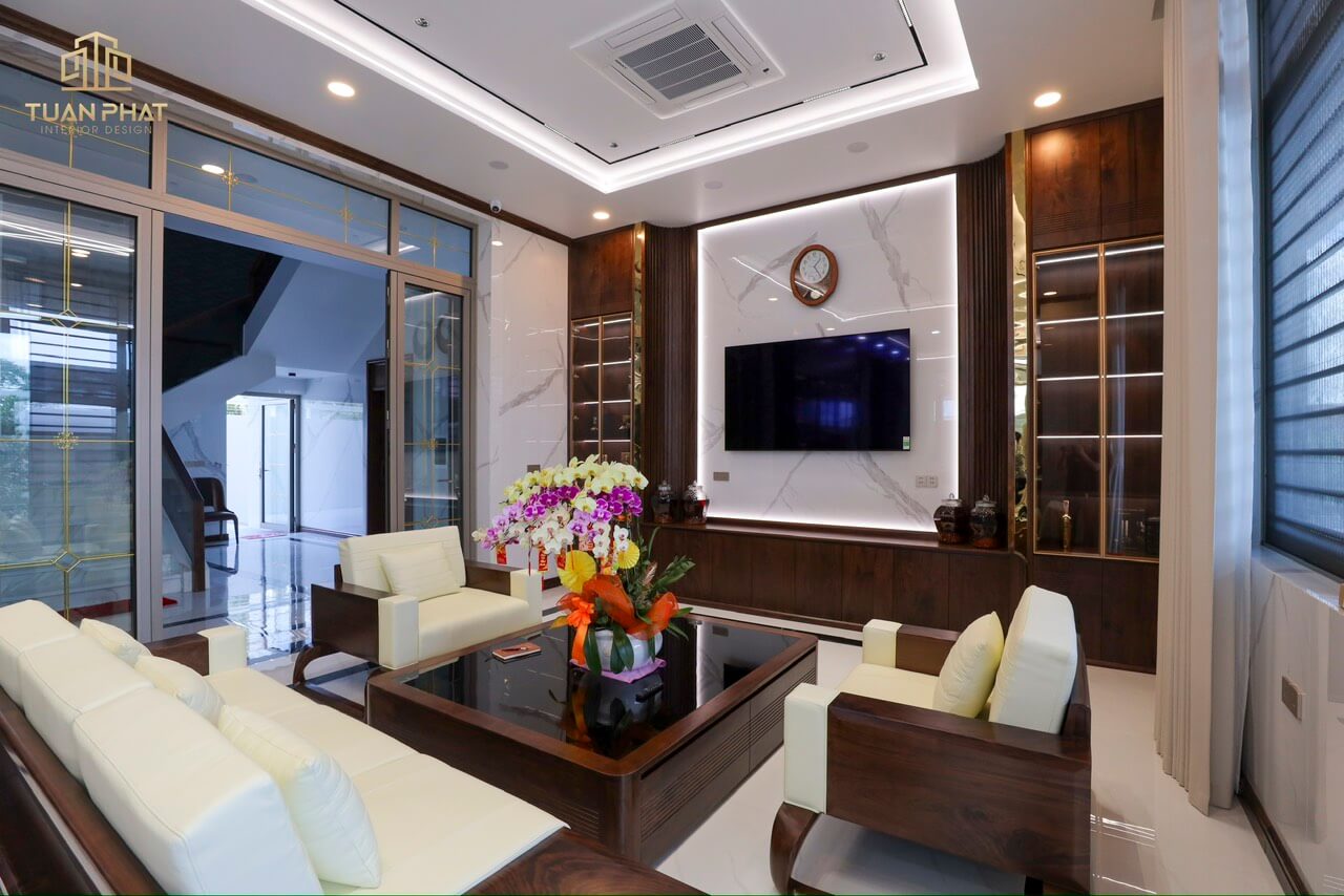 Sofa gỗ óc chó phối da trắng kem