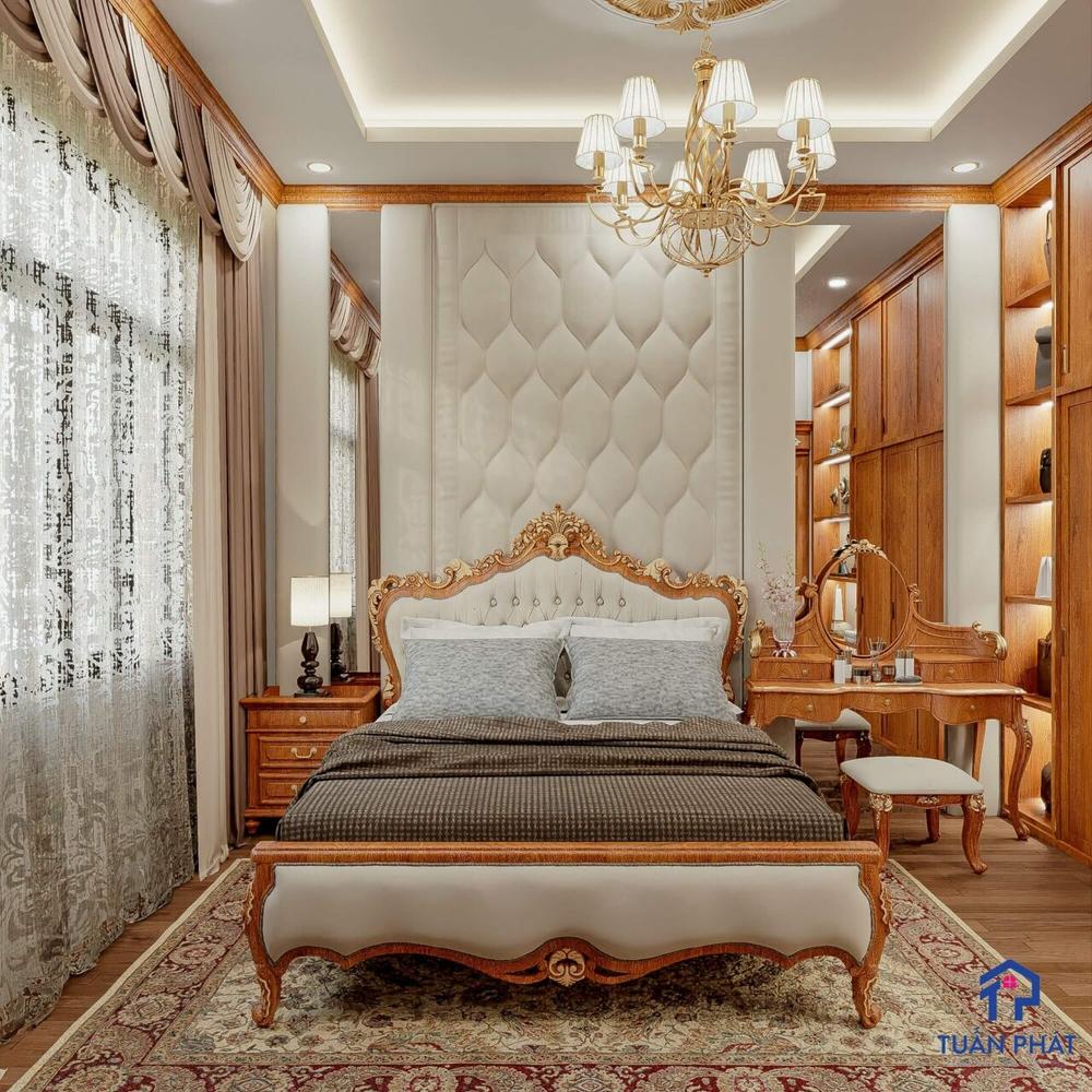 thiết kế phòng ngủ gỗ gõ đỏ tân cổ điển