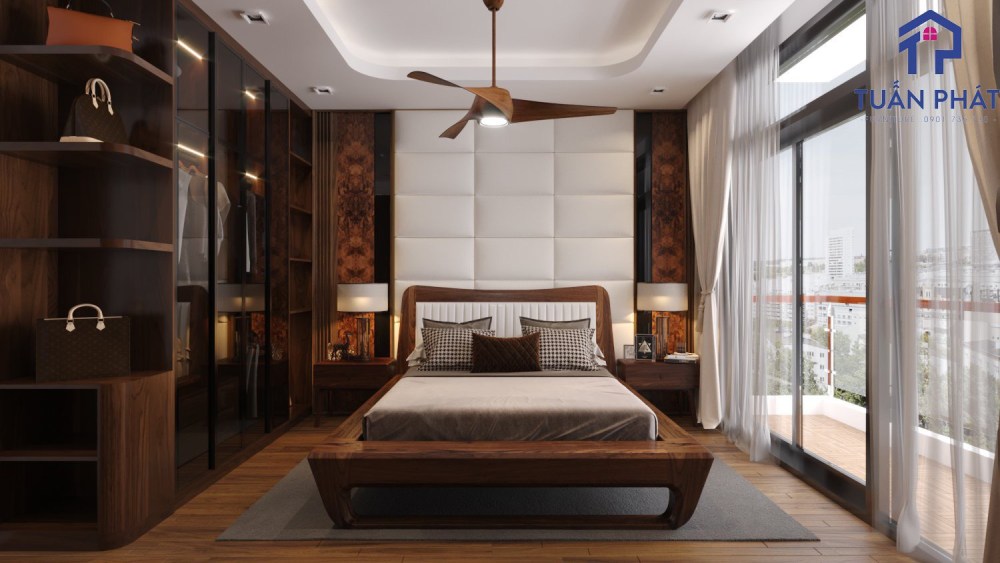 thiết kế phòng ngủ gỗ óc chó nhà phố
