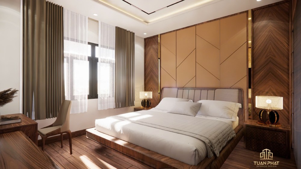 vách ốp gỗ óc chó phòng ngủ