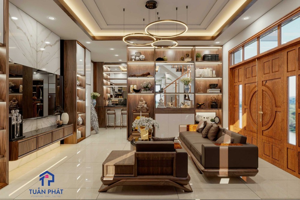 thiết kế nội thất biệt thự gỗ óc chó hiện đại