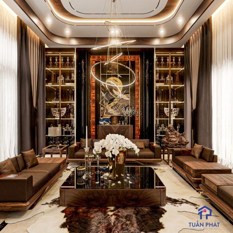 thiết kế nội thất biệt thự gỗ óc chó luxury