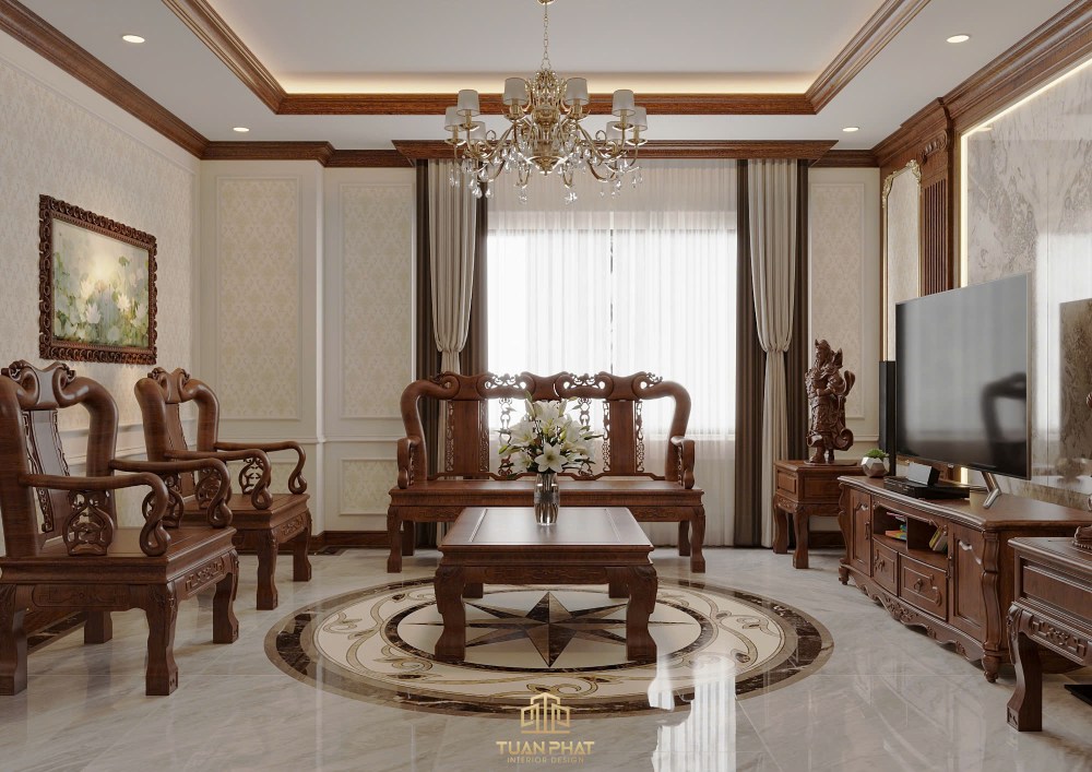 thiết kế nội thất biệt thự gỗ óc chó tân cổ điển