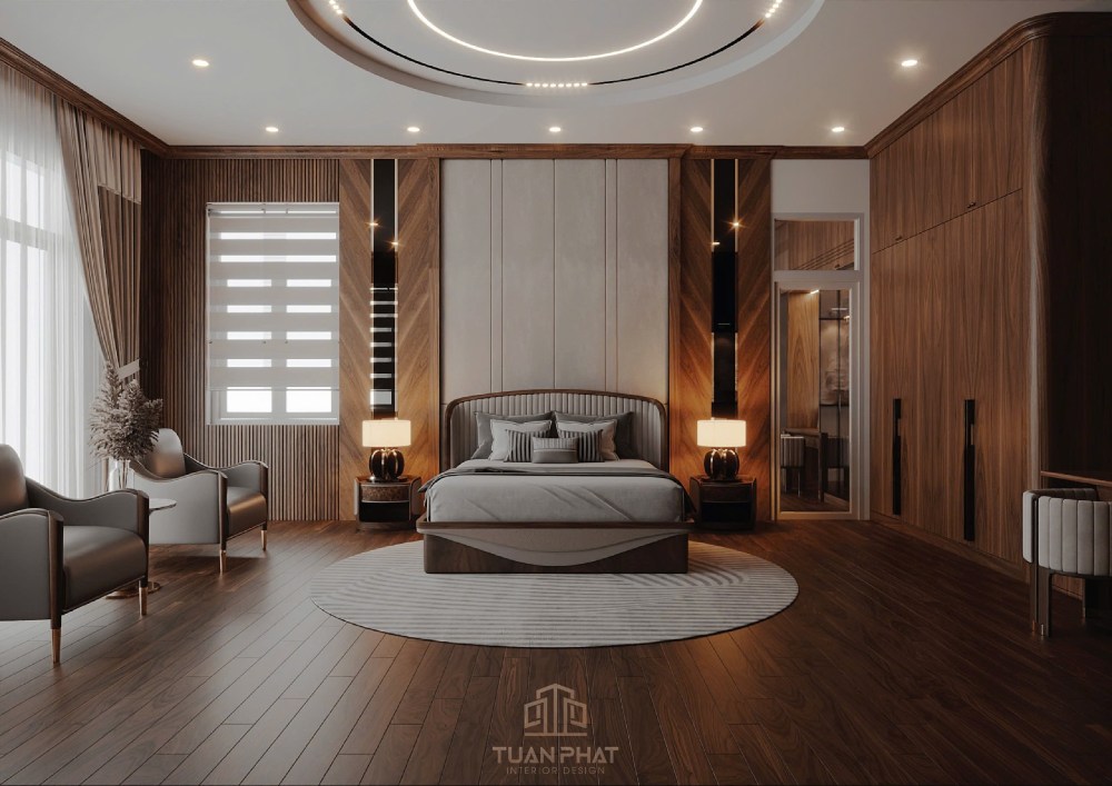 thiết kế phòng ngủ biệt thự gỗ óc chó hcm