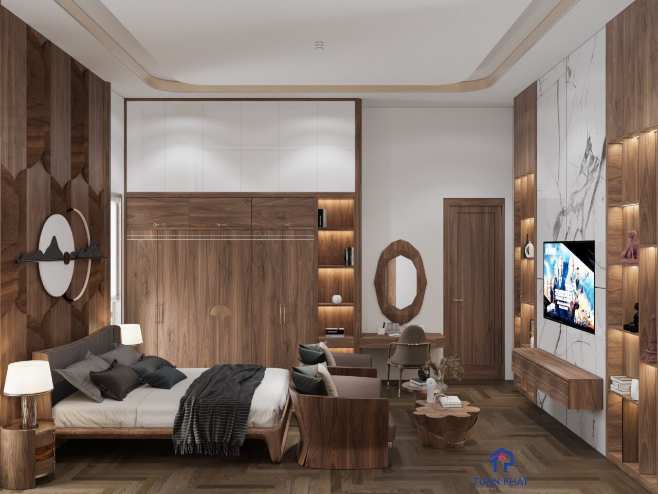 thiết kế phòng ngủ biệt thự gỗ óc chó