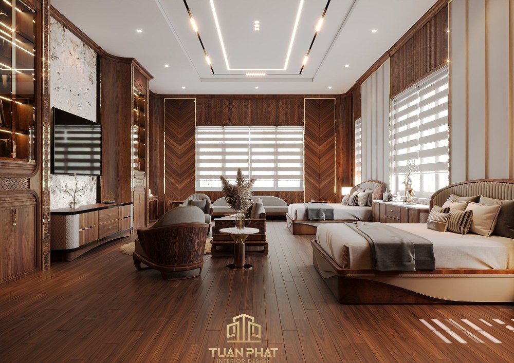 thiết kế phòng ngủ master biệt thự gỗ óc chó hcm