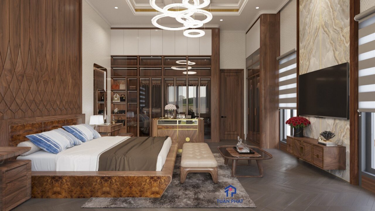 thiết kế phòng ngủ master biệt thự gỗ óc chó