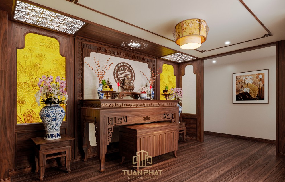 thiết kế phòng thờ biệt thự gỗ óc chó trọn gói